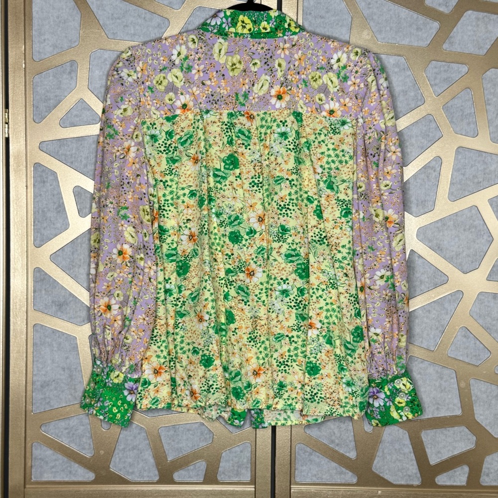 Loft Floral Patchwork Button-Up Blouse Green Purp… - image 3